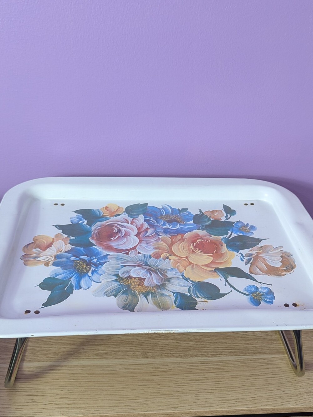 Vintage Metal Painted Bed Lap Tray with Folding Legs White Floral MCM